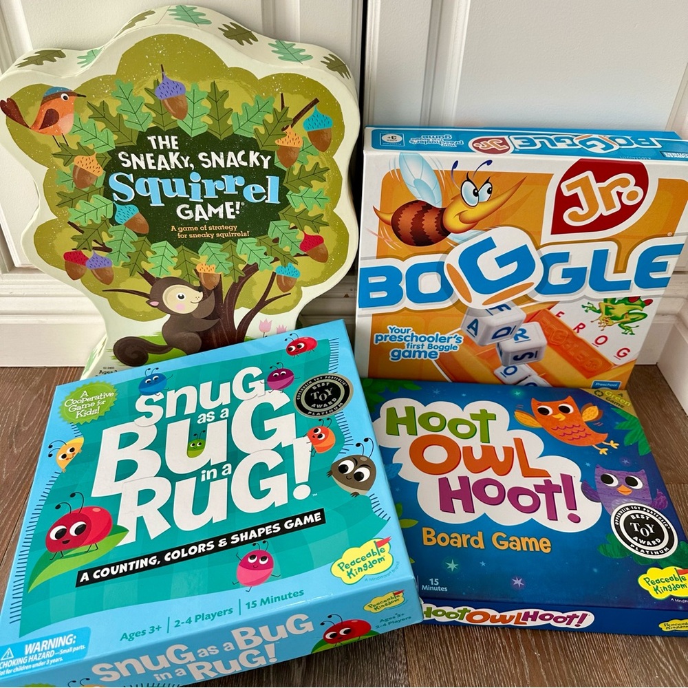 Kids toddler Board Game Lot of 4 Squirrel Game Boggle Jr Hoot Owl Snug Bug Rug